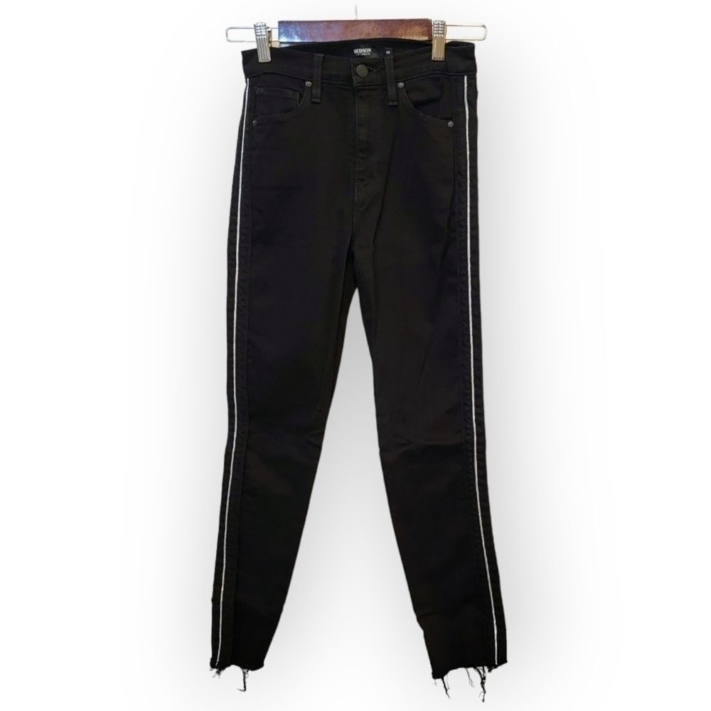 Hudson Holly High Rise Black Skinny Ankle Jeans Raw Hem Metallic Stripe Size 25